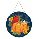 Harvest Blossom Welcome Friends of Fall Wood Door Decor, Cardinal On Pumpkin, 18"