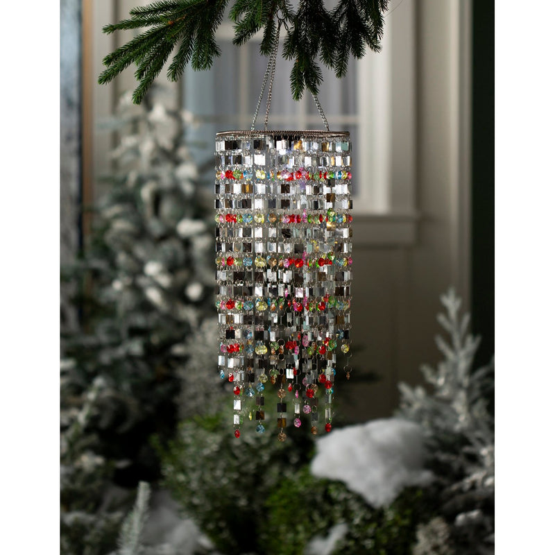 Evergreen Wind,Silver and Multi-Colored Mirrored Outdoor Chandelier with Solar Lights,8.5x8.5x30.75 Inches