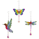 Cottage Garden Outdoor Hanging Decor, Glass Hummingbird, Butterfly and Dragonfly , 17"H, Asst of 3