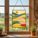 Hillside Pasture Indoor Wall Decor, Glass Colorful Rolling Hills with Sun, 8"Lx10"H