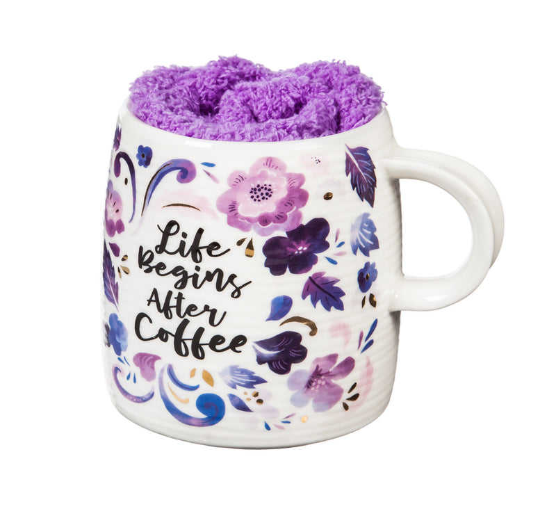 Ceramic Cup and Sock Gift set, 12 OZ, Life Begins after Coffee,p2978002