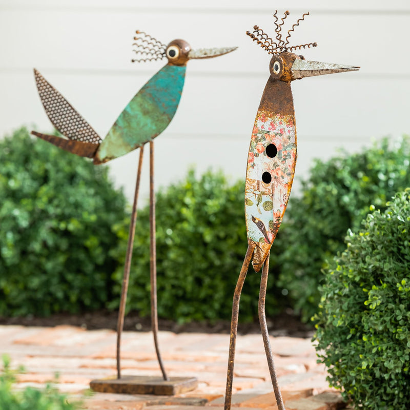 Rustic Metal Birds Statuary with Base, Set of 2,phc237