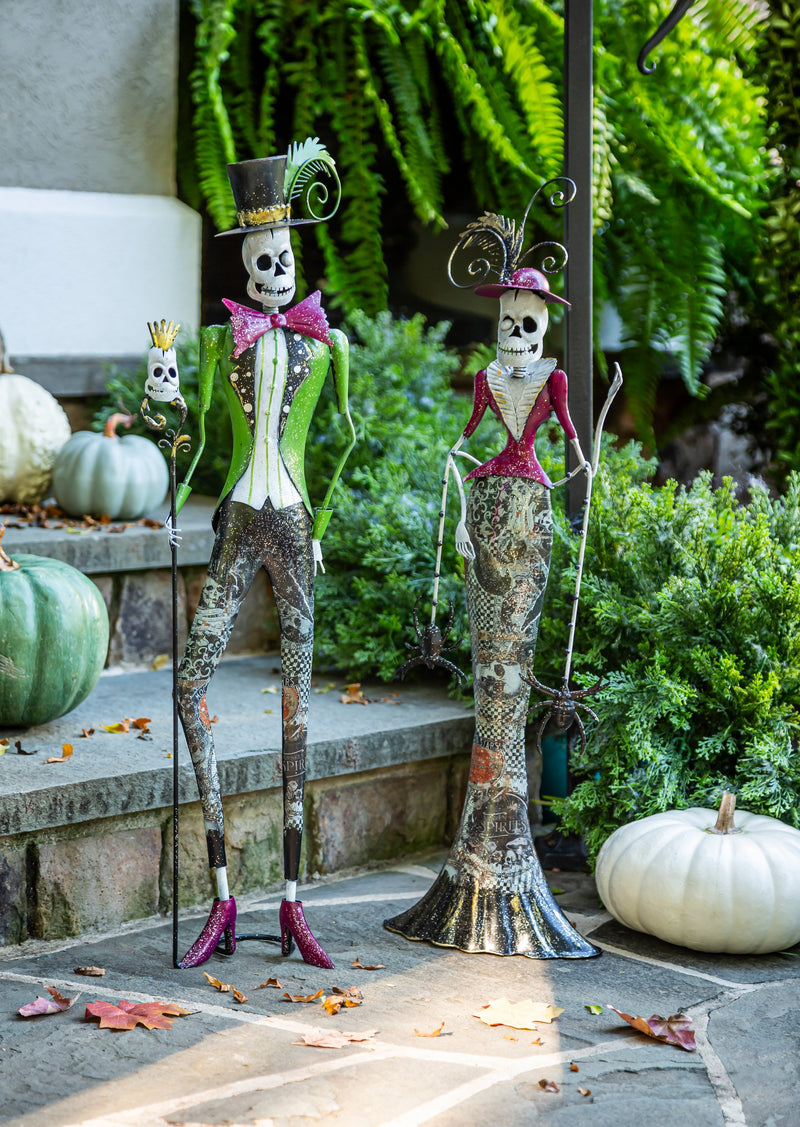 Evergreen Statuary,Metal Skeleton Man with Top hat Statuary/Woman with Spiders Statuary Set of 2,4.5x8.75x27.5 Inches