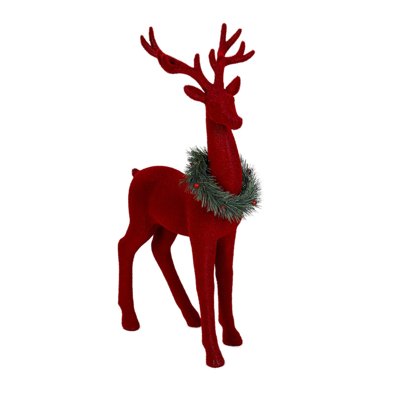 21.65" Flocked Standing Deer with Wreath Statuary, Red,phc338