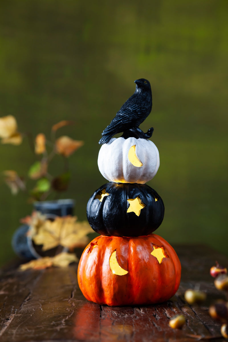 6.5" LED Resin Pumpkins with Crow Tabletop Décor,phl360