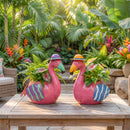 Tropical Oasis Planter, Metal Flamingo with Hat, 2 Asst