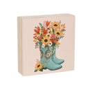Harvest Blossom Sign Wood Block, Cowboy Boots and Sunflower Bouquet, 6"x6"