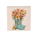 Harvest Blossom Sign Wood Block, Cowboy Boots and Sunflower Bouquet, 6"x6"