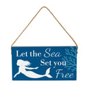 Blue Coastal Coral Sea Wood Hanging Sign w/ Rope, Mermaid "Let The Sea Set You Free", 11"x6"