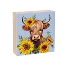 Harvest Blossom Highland Cow and Sunflowers Sign Wood Block, 6"x6"