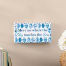 Blue Coastal Coral Sea Wood Hanging Sign w/ Rope, "Meet Me Where The Sky Touches The Sea", 11"x6"