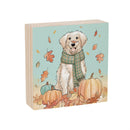 Harvest Blossom Dog Sign Wood Block, Pet and Fall Leaves, 6"x6"