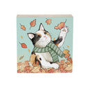 Harvest Blossom Cat Sign Wood Block, Pet and Fall Leaves, 6"x6"