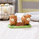 Hillside Pasture Salt and Pepper Shaker Set Ceramic Highland Cows on Grass, 5.24"W x 3"H