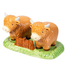 Hillside Pasture Salt and Pepper Shaker Set Ceramic Highland Cows on Grass, 5.24"W x 3"H