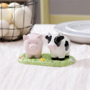 Hillside Pasture Salt and Pepper Shaker Set, Ceramic Cow and Pig on Grass, 5.2"W x 2.9"H
