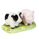 Hillside Pasture Salt and Pepper Shaker Set, Ceramic Cow and Pig on Grass, 5.2"W x 2.9"H