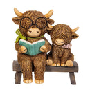 Hillside Pasture Table Decor, Resin Highland Cow Reading Book on Bench, 5.4"H