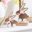 Hop Into Spring Table Decor, Wood Rabbit on Wheels, Set of 2