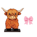 Petal & Plow Table Decor Wood Highland Cow with 6 Interchangeable Hats, 14"H