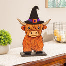 Petal & Plow Table Decor Wood Highland Cow with 6 Interchangeable Hats, 14"H