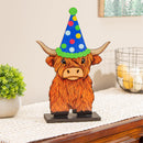 Petal & Plow Table Decor Wood Highland Cow with 6 Interchangeable Hats, 14"H