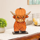 Petal & Plow Table Decor Wood Highland Cow with 6 Interchangeable Hats, 14"H