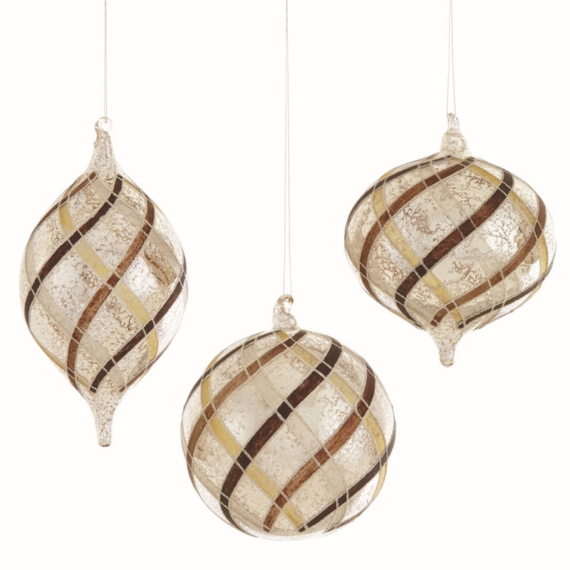 Napa Home Garden, PLAID GLASS ORNS ,SET OF 3 TAUPE/GOLD,z5092tpg