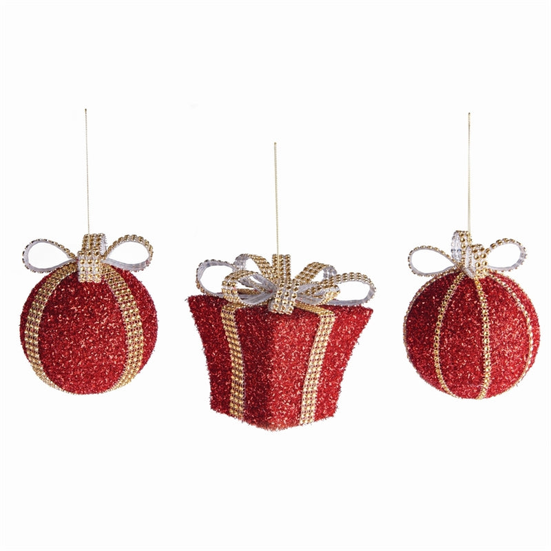 Napa Home Garden, GLITTERED BOW-WRAPPED ORNS ,SET OF 3,z5578rd