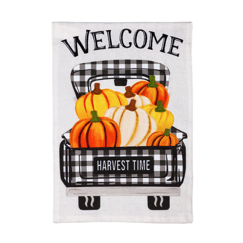 Pumpkin Plaid Truck House Burlap Flag,13b9900