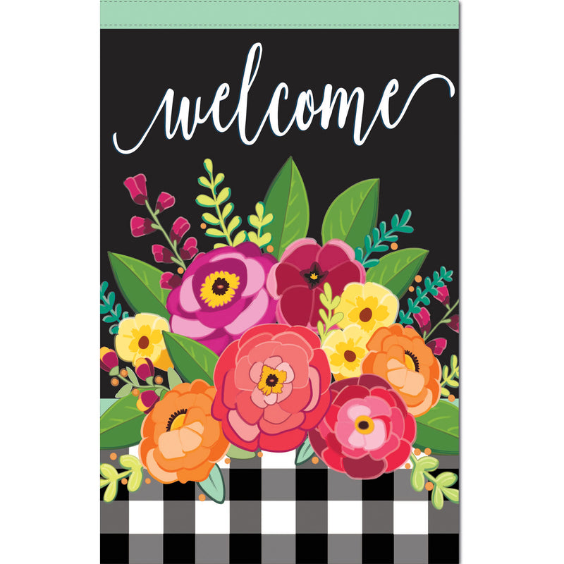 Floral Welcome Check House Linen Flag,13l9633