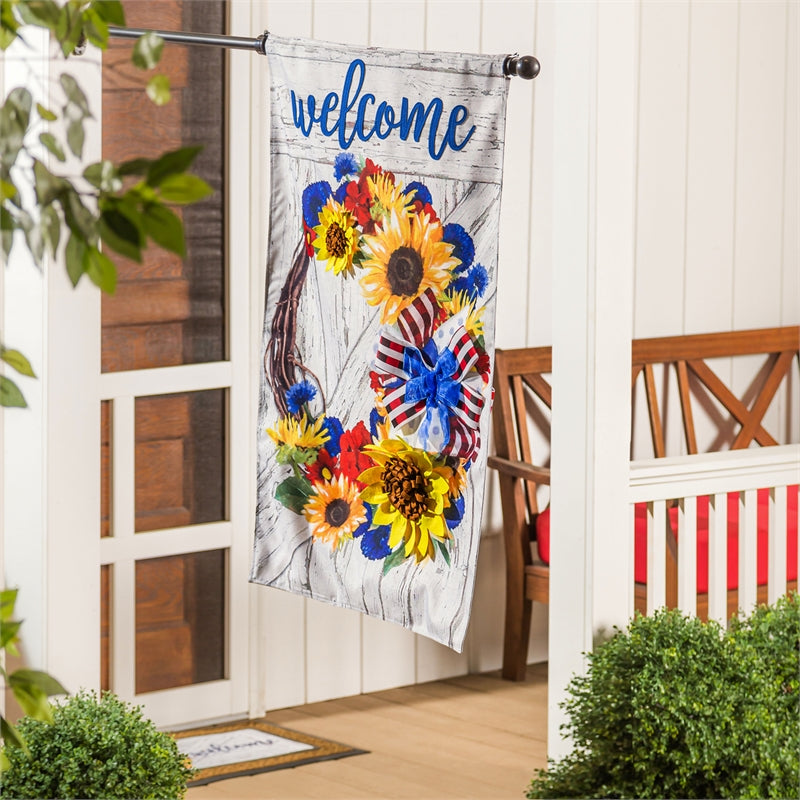 Americana Floral Wreath House Burlap Flag,13b9858