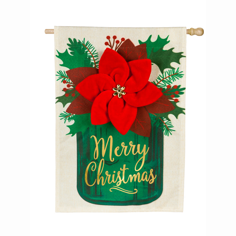 Poinsettia Mason Jar House Linen Flag,13l8613bl