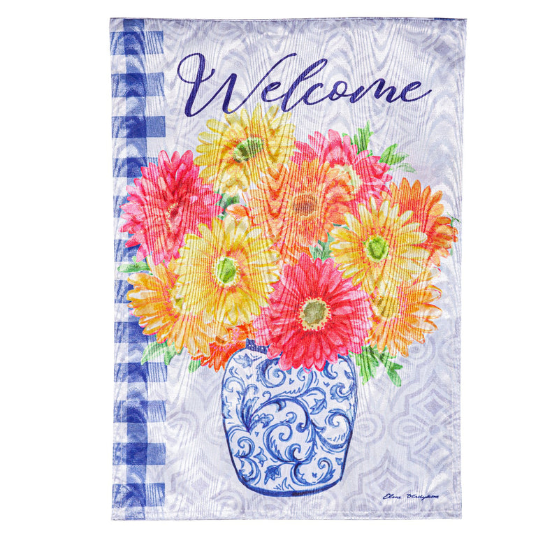 Welcome Gerberas in Vase Moire Garden Flag,14m11373