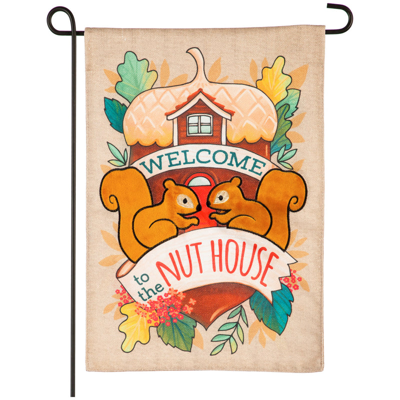 Welcome to the Nut House Garden Burlap Flag,14b9315