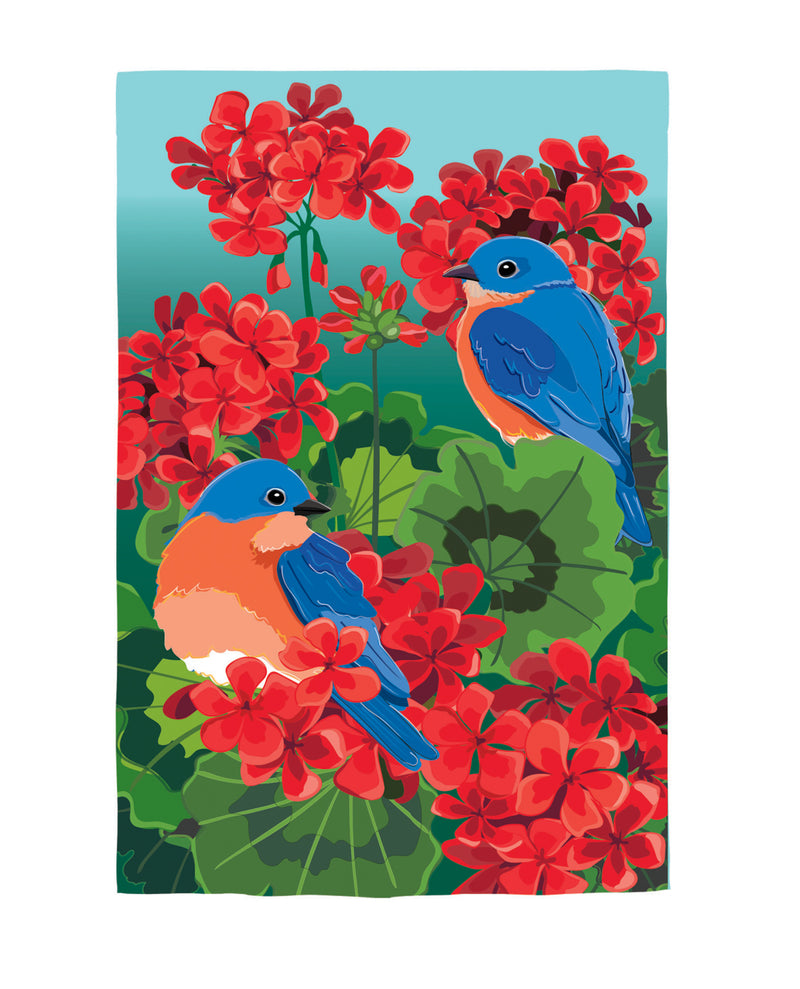 Bluebird in Red Geraniums Applique Garden Flag,169809