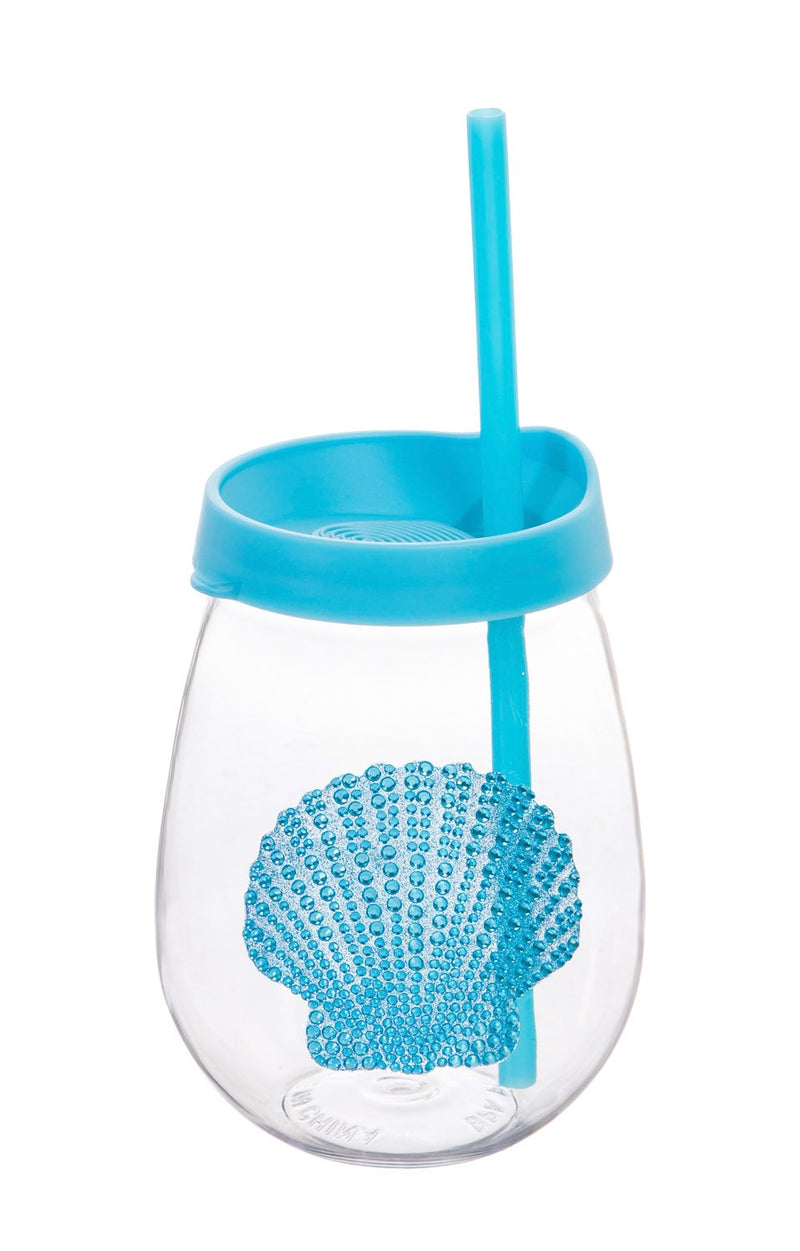 Single wall plastic Cup w/matching straw and six ice cubes, 17 OZ,  Sea Shell,2acl030