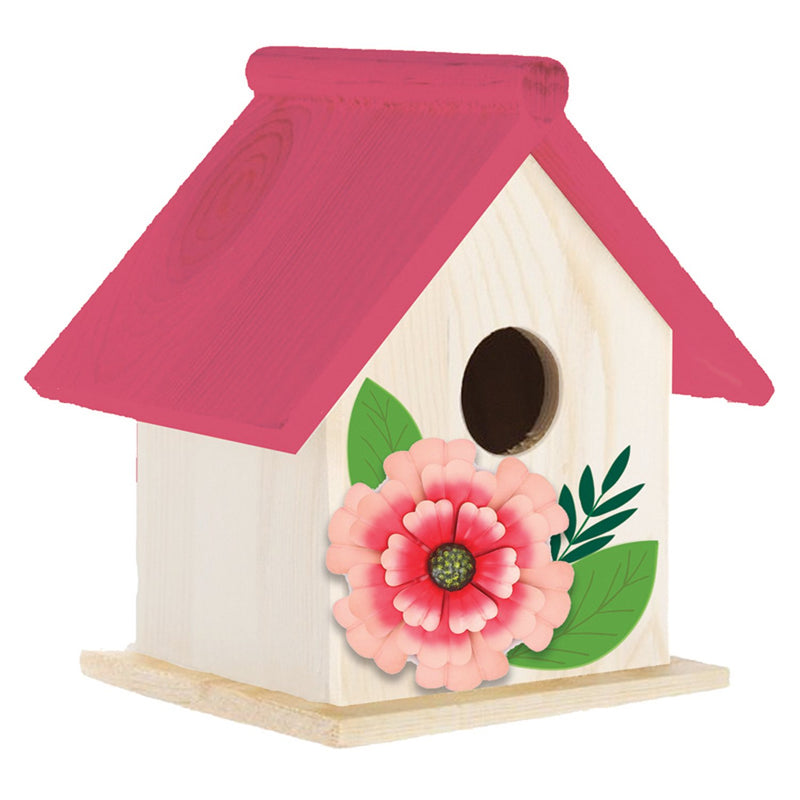 Wood Bird House with Raised Metal Flower, Pink,2bh727