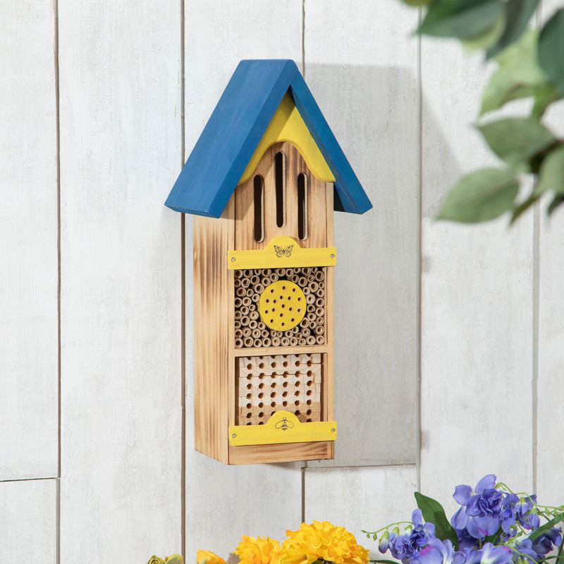 Wooden Tower Bee House, Blue & Yellow,2bh823