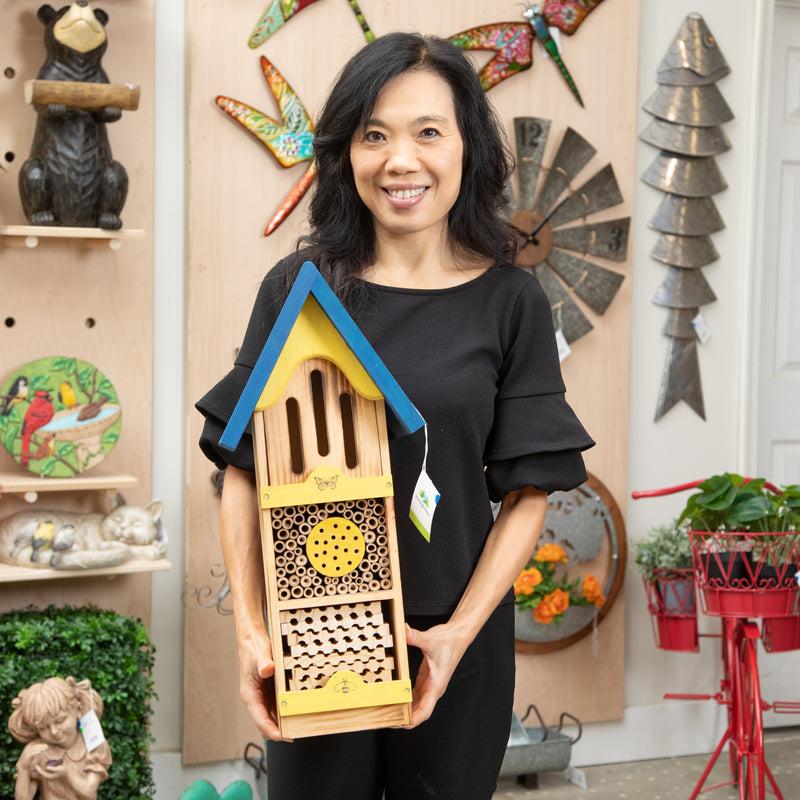 Wooden Tower Bee House, Blue & Yellow,2bh823