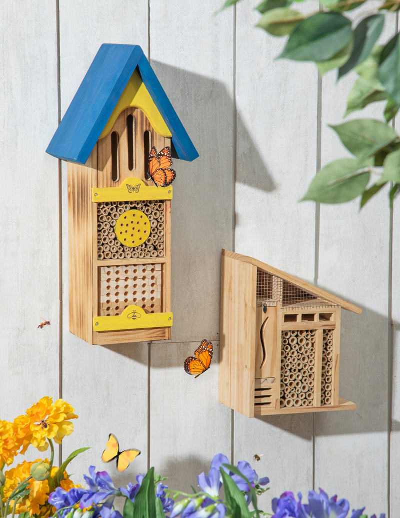 Wooden Tower Bee House, Blue & Yellow,2bh823