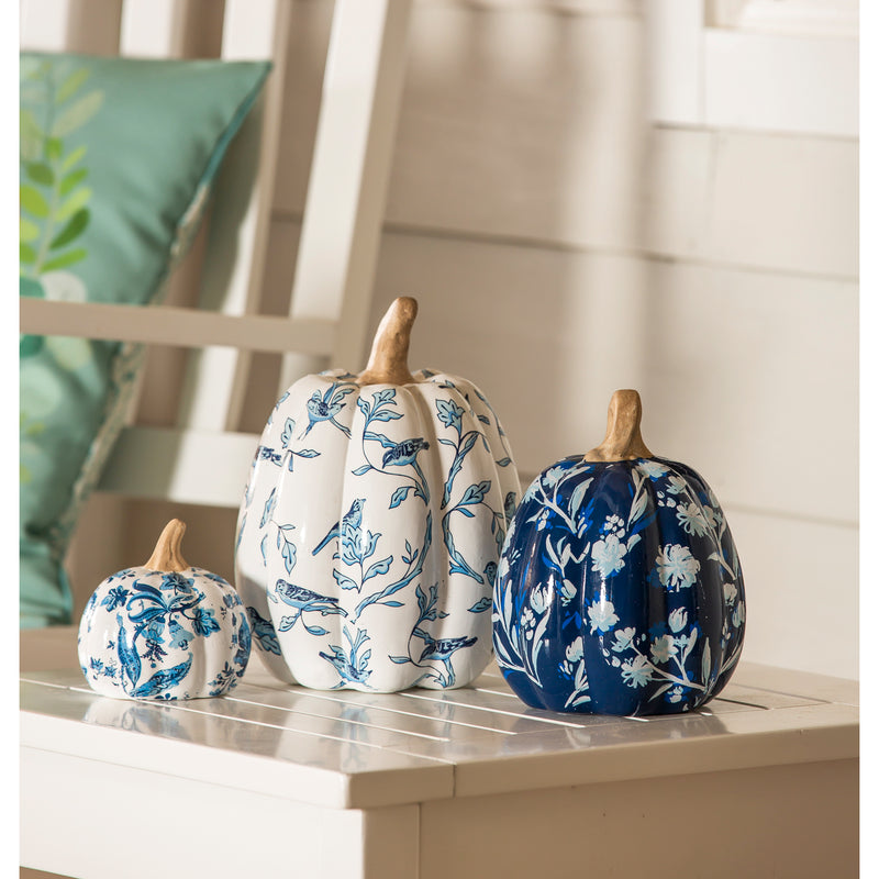 Set of 3 Printed Ceramic Pumpkins, Artisan Blues,2cg336