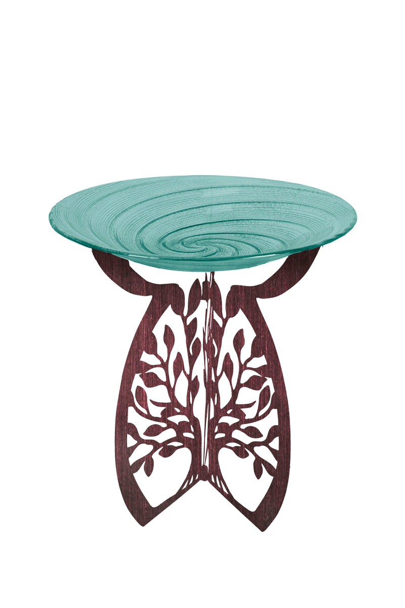 Laser Cut Bird Bath Stand and Glass Embossed Bird Bath Set, Tree of Life,2gb6999ecm