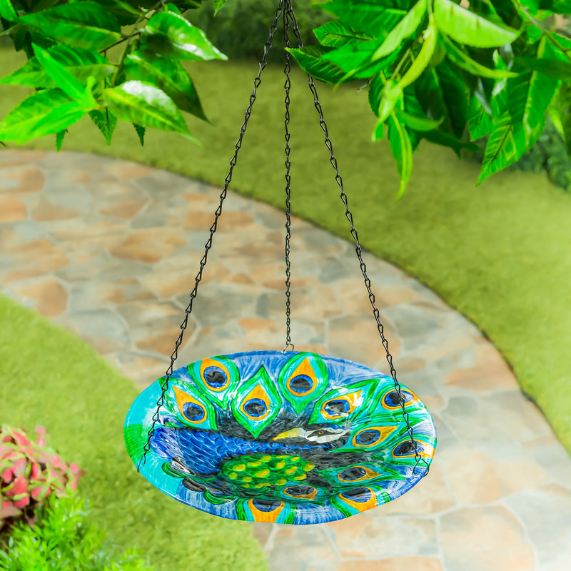 14" Glass Hanging Birdbath, Peacock,2gb7007