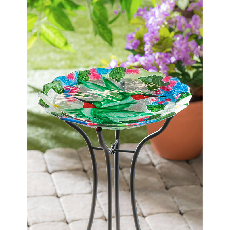 18"Hand Painted and Embossed Glass Shaped Bird Bath, Hummingbird Bouquets,2gb7051