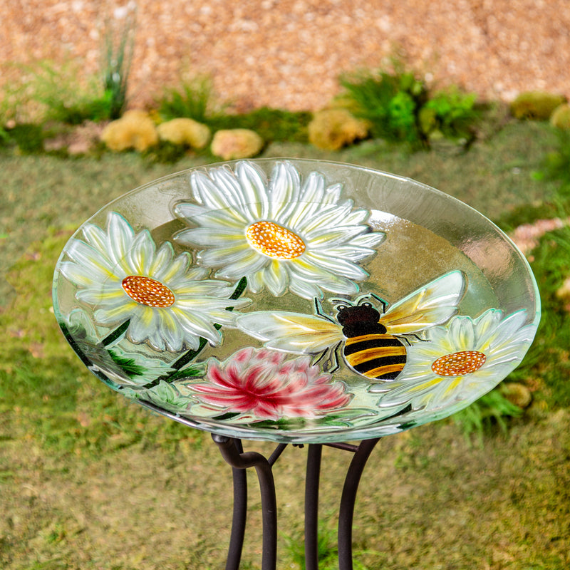 18" Hand Painted Daisies & Bee Glass Bird Bath,2gb7096