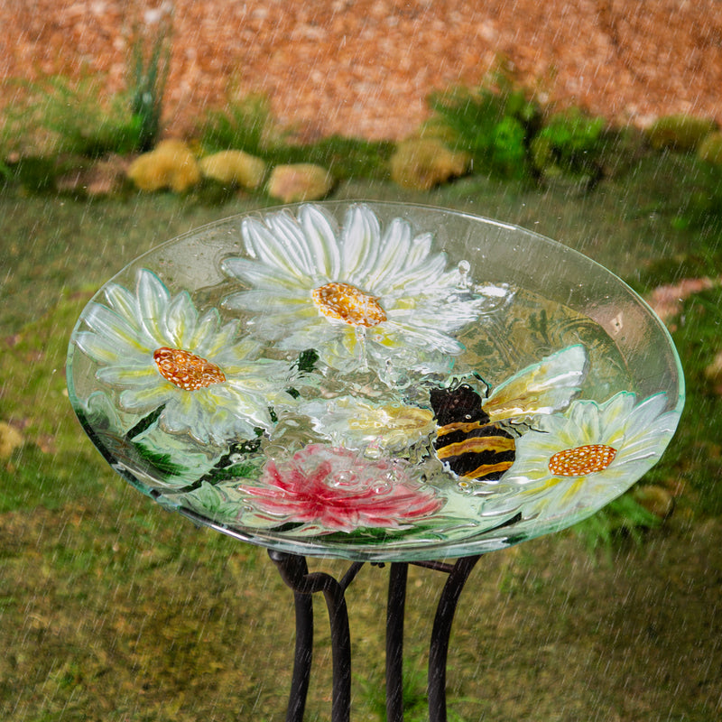 18" Hand Painted Daisies & Bee Glass Bird Bath,2gb7096