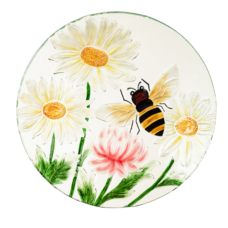 18" Hand Painted Daisies & Bee Glass Bird Bath,2gb7096