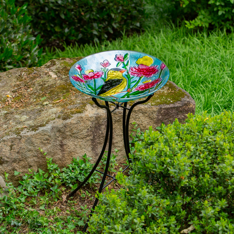 18" Gold Finch Glass Bird Bath,2gb7156