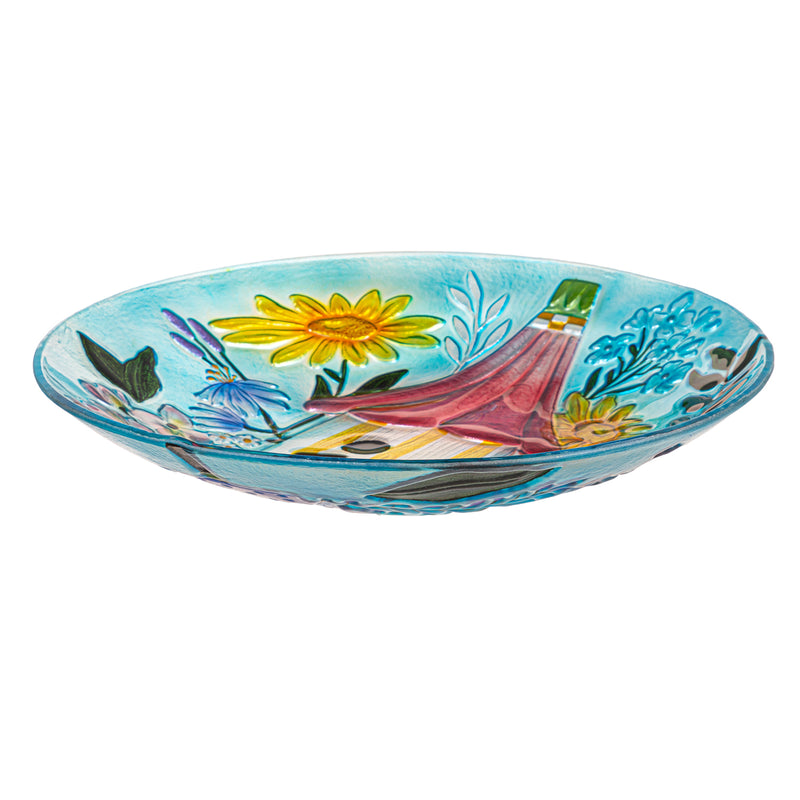 18" Floral Birdhouse Glass Bird Bath,2gb7187